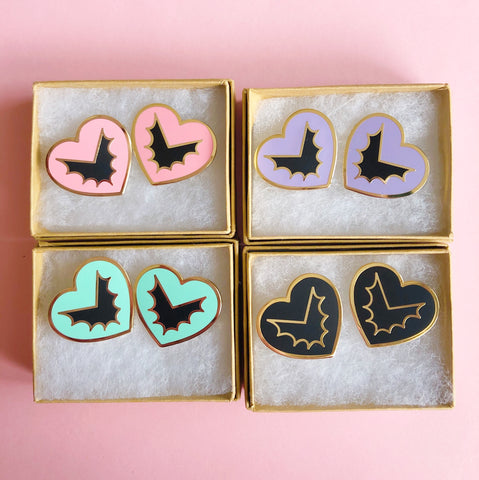 18K Gold Bat Heart Stud Earrings